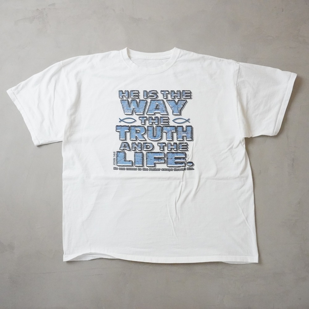 Vintage Christian T-Shirt XL Mens White John 14:6 Way Truth Life Graphic Tee